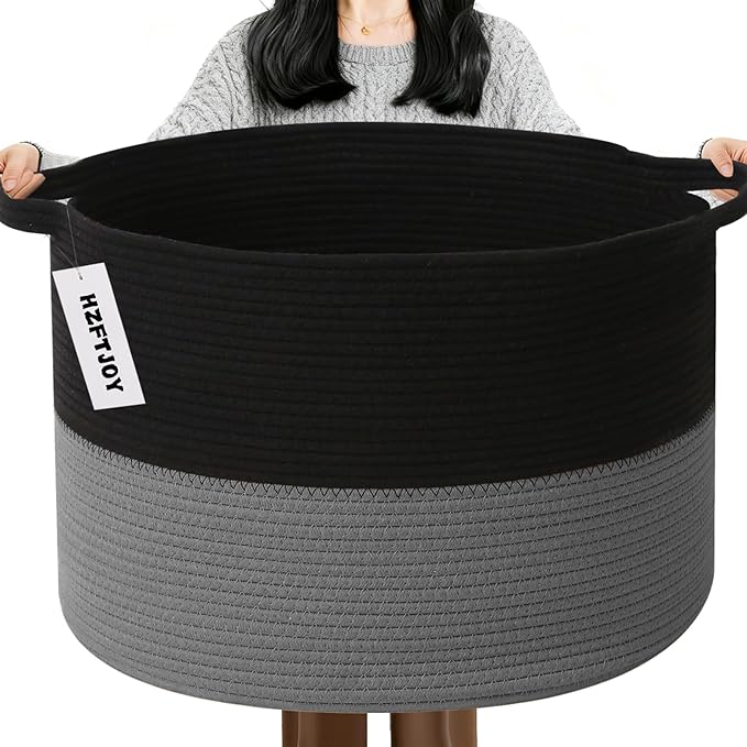 65L Large Blanket Basket,Woven Rope Laundry Basket-Black&Dark Grey | Collapsible, reinforced handles, nursery storage bin organizes clothes, toys and pillows for living room, bedroom bathroom