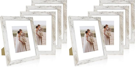 Hongkee 8x10 Picture Frame Set of 4, Made of Real Glass and Distressed White Wooden Frame, 8 by 10 Photo for Wall or Tabletop - Display Picture 5x7 with Mat or 8x10 Without Mat (Pack of 2)