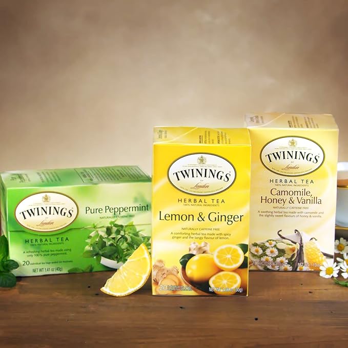 Twinings Herbal Tea Bags Variety 6-Pack – Naturally Caffeine-Free Teas, Peppermint, Red Rooibos, Lemon & Ginger & Camomile Varieties, 20 Count Each