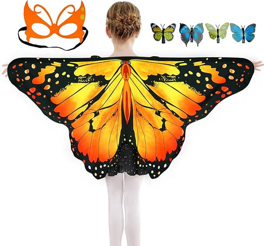 Kids Butterfly Wings Costume Girls Fairy-Wings Toddler Dress Up Play Costumes Butterfly Hair Clip Mask Party Favors (Orange Sets)