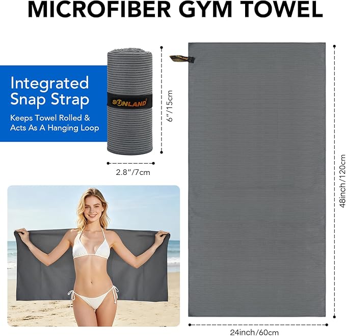 SUNLAND Microfiber Gym Bath Towel Ultra Soft Travel Camping Towel Super Absorbent Swimming Sport Yoga Sweat Towels with Straps for Adults and Children
