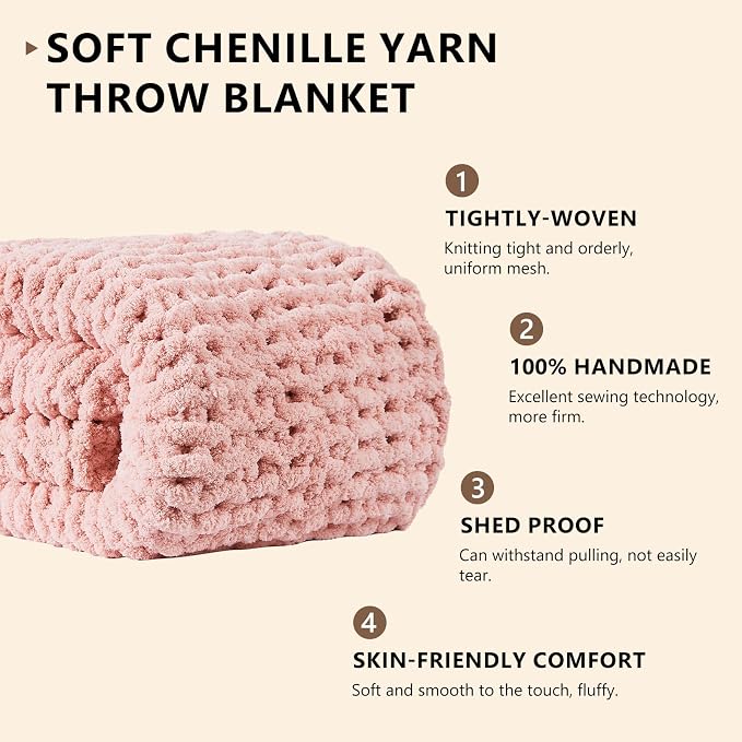L'AGRATY Chunky Knit Throw Blanket for Couch, 60'' x 80'' Knit Throw, Pink | Handmade Chenille Crochet Blanket for Sofa Bed, Thick Cable Knitted Blankets for Room Home Decor, Birthday Gift for Women Mom