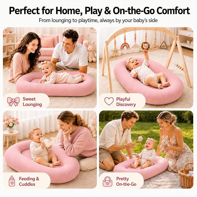 Baby Lounger for Newborns 0-24 Months, Soft Breathable Cotton Infant Support Cushion for Tummy Time & Play, Portable Infant Lounger, Baby Essentials - Dusty Rose (Cover Included)