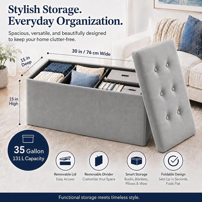ALASDO 30 Inch Folding Storage Ottoman Bench with Hidden Storage, Velvet Storage Ottoman Foot Rest Stool, End of Bed Bench for Bedroom, Living Room, Entryway and Closet, Dark Gray