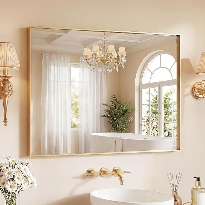 Sweetcrispy Bathroom Mirrors for Over Sink, 30" x 36" Rectangle Wall Mount Mirror with Metal Frame, Modern Vanity Mirror with Tempered Glass, for Home Decor, Anti-Rust, Gold