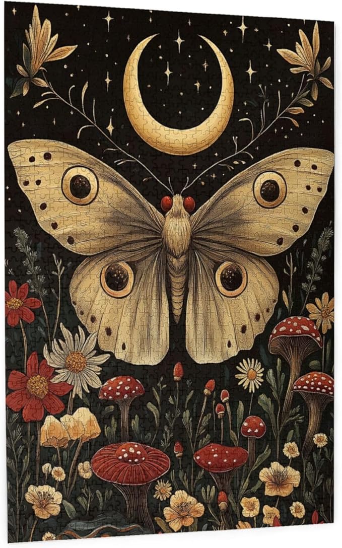 Cafemira 1000 Pieces Jigsaw Puzzles for Adults,Golden Winged Moth & Floral Mystery Wall Decor,Great for Relaxation and Display,Every Piece is Unique,Exercise Hands On Skills and Thinking