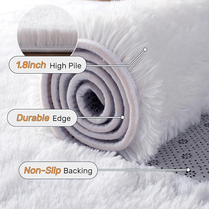 8x10 ft Fluffy White Rugs for Living Room Soft Fuzzy Bedroom Area Rug Non-Slip Shaggy Carpet for Nursery Kids PlayRoom Dorm Office Indoor Modern Plush Carpet Teens