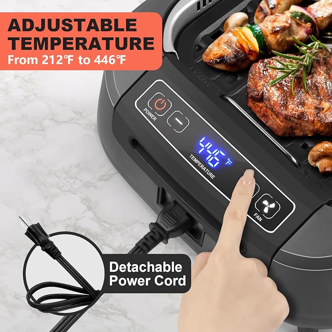 CUSIMAX Smokeless Grill, Electric Indoor Grill 1500W Korean BBQ Grill, Grey | with Non-stick Removable Grill/Griddle Plates, Smart LED Display & Adjustable Temperature/Tempered Glass Lid/Easy Cleanup