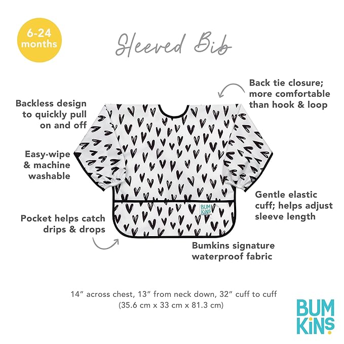 Bumkins Sleeved Bib for Girl or Boy, Baby and Toddler for 6-24 Months, Essential Must Have for Eating, Feeding, Baby Led Weaning Supplies, Long Sleeve Mess Saving Food Catcher, Hearts Black and White