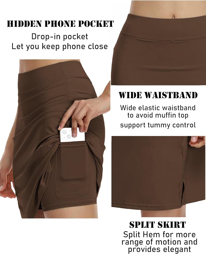 COOrun Women's 20" Knee Length Skirts High Waisted Golf Skorts with Pockets | Soft, Quick Dry, Split Hem, Built-in Shorts, A-line, Modest Skirts, for Golf Athletic Tennis Work Casual
