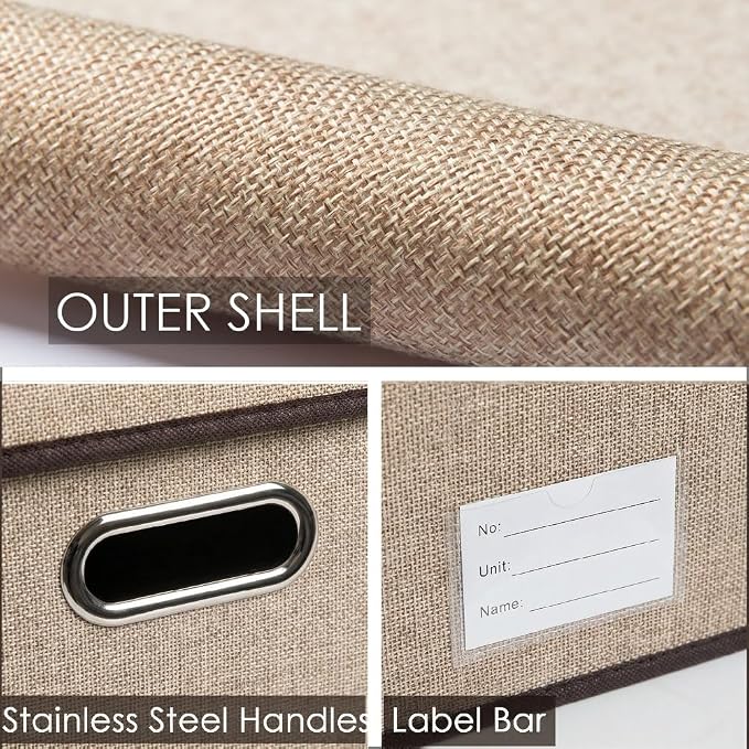 Storage Bins with Lids [3-Pack] Jute Fabric Foldable Storage Boxes Organizer Containers Baskets Cube with Cover for Home Bedroom Closet Office Nursery khaki（23.4X15.9X11.5