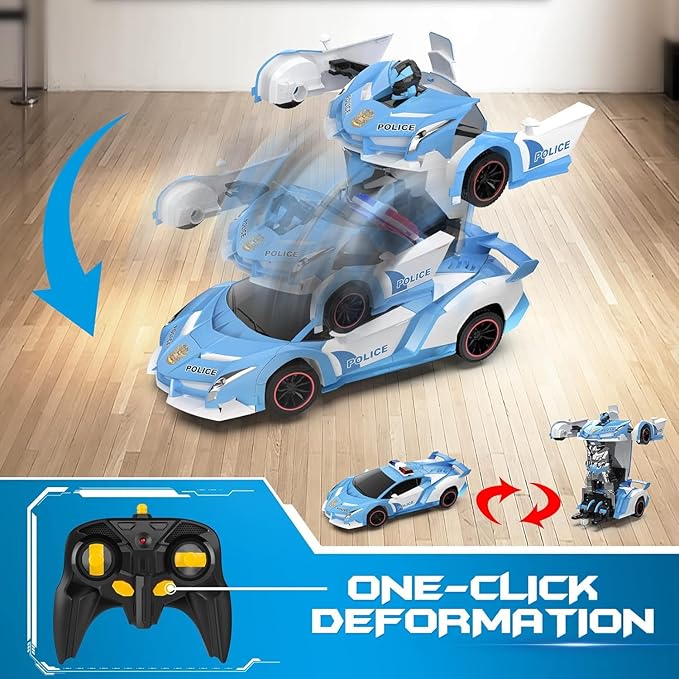 Remote Control Car - Transforming Toy Car Robot, One-Button Deformation with Flashing Lights 2.4GHz 1:18 Scale Transforming Police Car with 360-Degree Rotation Toys for Boys and Girls