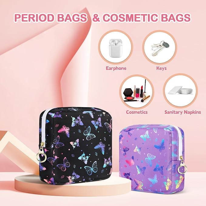 Likesing Period Bag Pouch, Canvas Sanitary Napkin Storage Bag for Girls Womens, Portable Sanitary Napkin Period Pad Pouch Bag for Purse, Small Make Up Bags(Purple Butterfly)