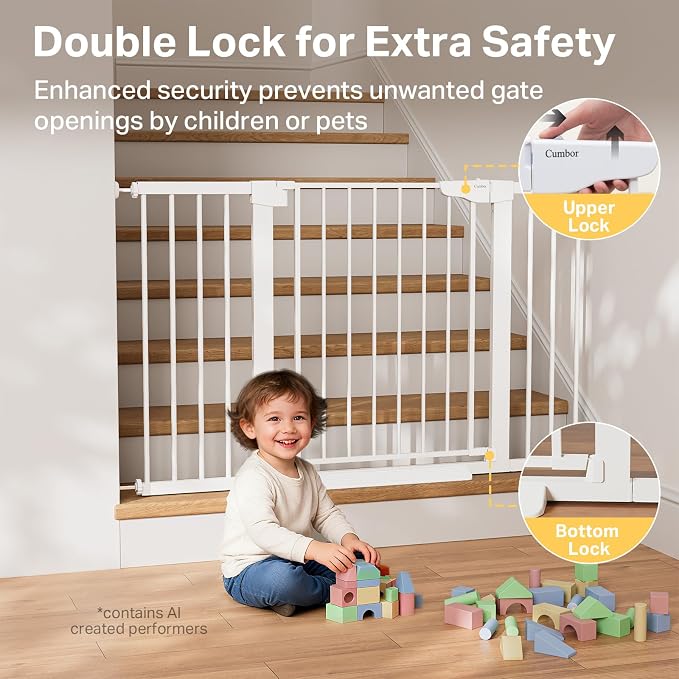 Cumbor Pack of 2 Extra Wide Baby Gate for Stairs, 29.7–51.5" Pressure Mounted Dog Gate for Doorways, Auto Close Safety Pet Gate, Easy Walk Thru Wide Child Gate, White, Mom's Choice Award Winner