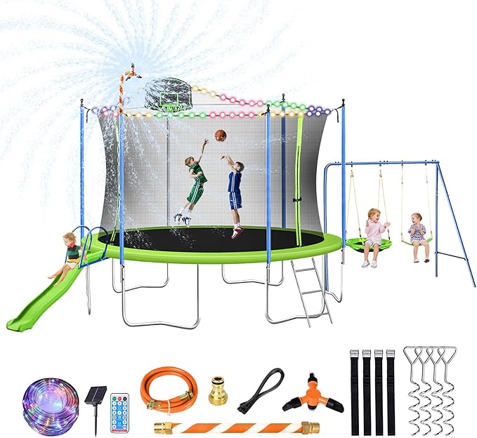 Lyromix 12-14FT Trampoline With Slide, Swings, Basketball Hoop and Ladder - ASTM Approved Outdoor Backyard Recreational Equipment With Net, Capacity for 5-7 Kids and Adults
