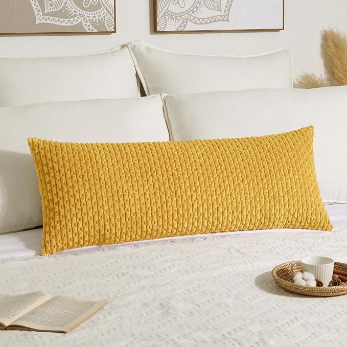 Kevin Textile Soft Corduroy 14"x36" Pillow Cover 1 Pack, Mustard Yellow | Boho Stripe Plush Corduroy Decorative Oblong Cushion Cover Modern Farmhouse Home Decor for Sofa Couch Bed Chair