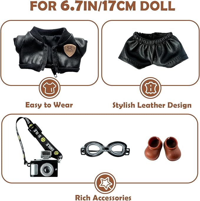5-Piece Clothes for 17cm Popular Dolls, Fashion Doll Outfit Accessories Set-Leather Coat + Leather Pants + Swimming Goggles + Camera + Shoes