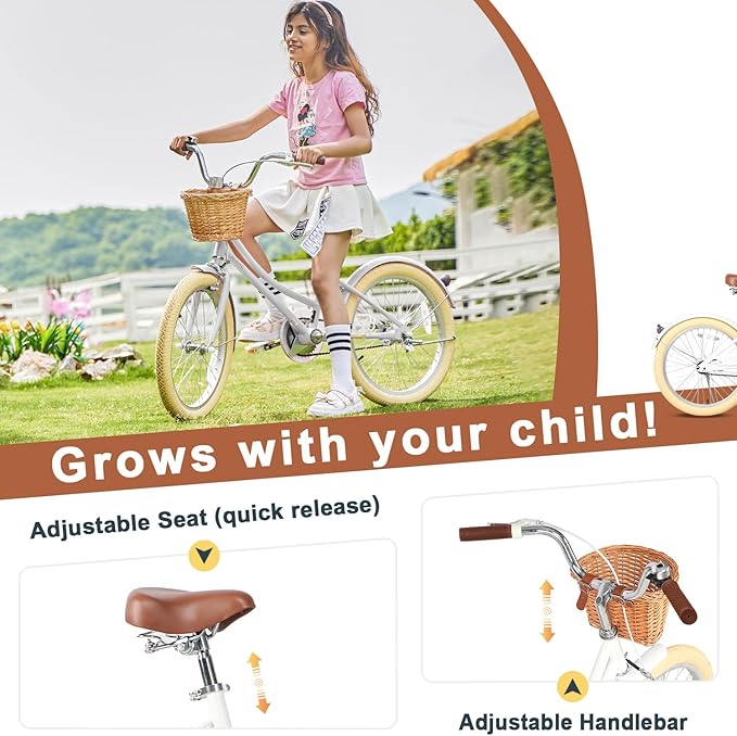 Glerc Little Molly 12-20 Inch Kids Retro Cruiser Bike for 2-13 Year Old with Wicker Basket & Training Wheels/Kickstand, Multiple Colors