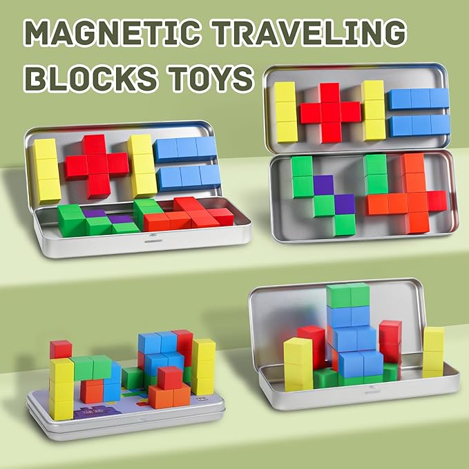 Magnetic Blocks with Magnet Iron Box - Travel Magnetic Building Toys for Toddlers Kids Ages 4-8, Road Trip ‌Sensory Toy Christmas Birthday Gifts for Boys & Girls - 32Pcs