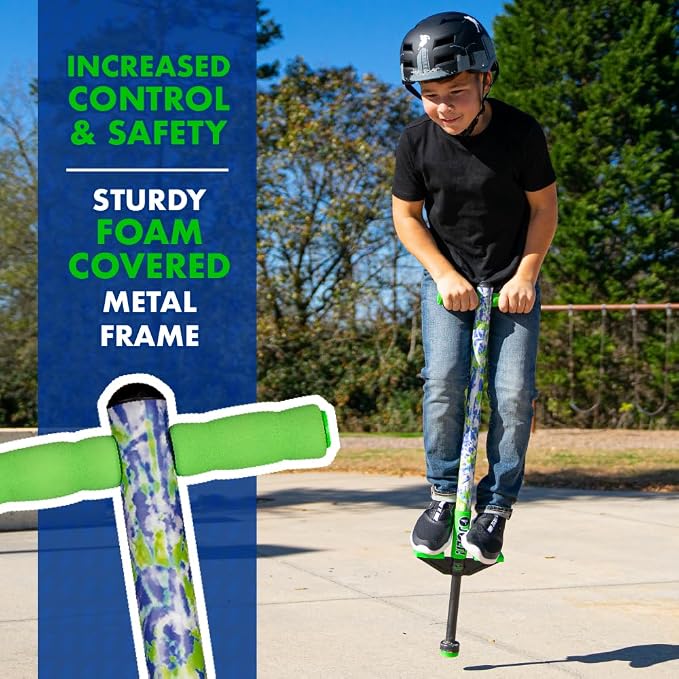 Flybar Jolt Pogo Stick for Kids, Perfect for Beginners w/ Foam-Covered Metal Frame, Handles & Padding, Non-Slip Foot Pads, Wide Tip, Outdoor Active Play Toy for Boys & Girls, Ages 6+, Green Tie Dye