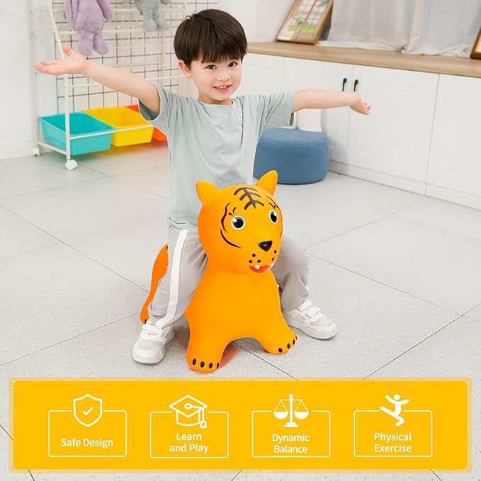 INPANY Bouncy Horse Tiger Hopper Toys, Toddlers Bouncing Zoo Animal Toys, Kid Hopping Bounce Buddies, Inflatable Ride on Rubber Bouncer, Outdoor Indoor Baby Birthday Gift for 2 3 4 Year Old Girl Boy
