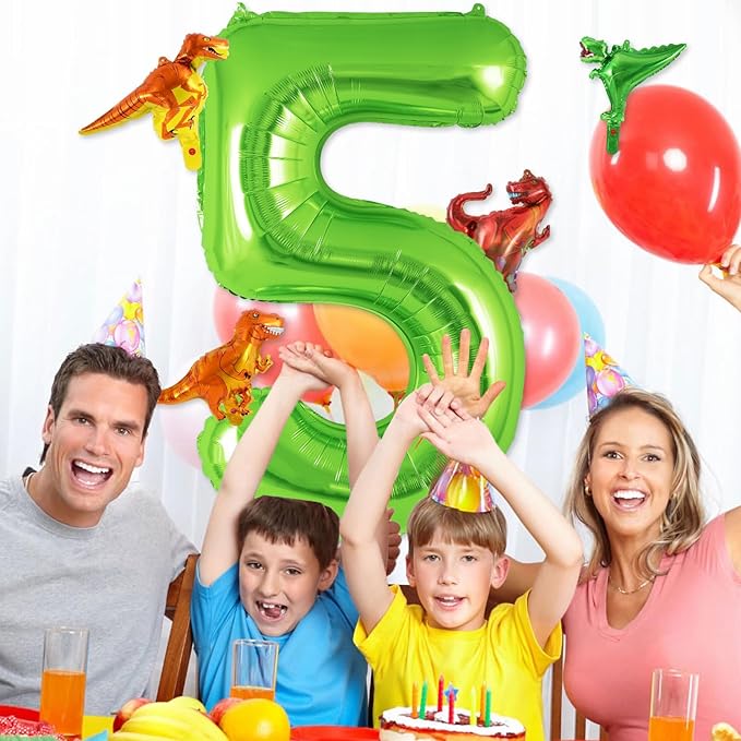 Dinosaur Green Number 5 Balloon, 40 Inch Big Large Foil Helium Green Number Balloon with 4 Pcs Mini Dinosuar, Dinosuar Mylar Balloons Set for 5 Year Old Birthday Party Decorations Supplies