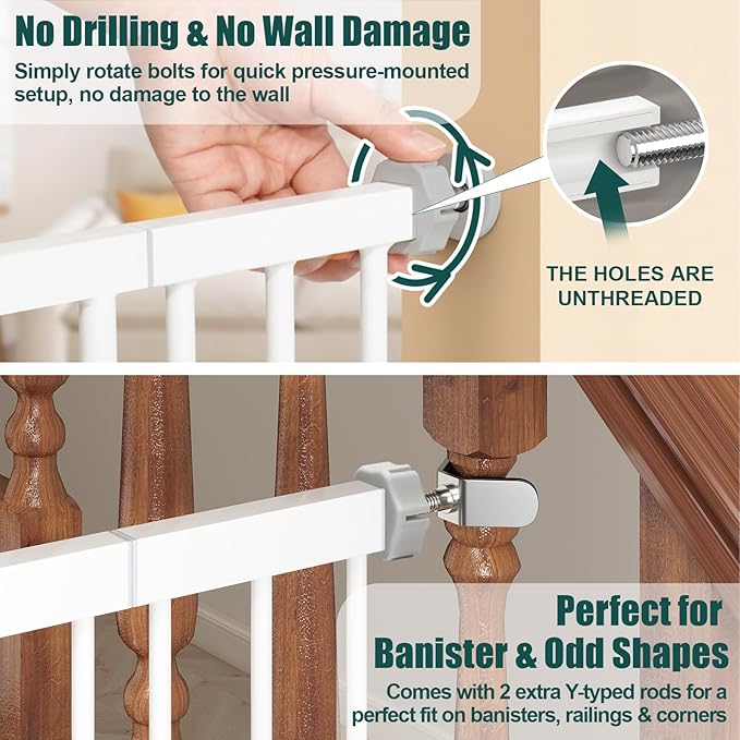 keny 29.7"-46" Baby Gate for Stairs, Auto Close Dog Gates for Doorways | Pressured Mounted No Drilling Pet Gate Extra Wide, Easy Walk Thru Stair Gate, 30" Tall, White