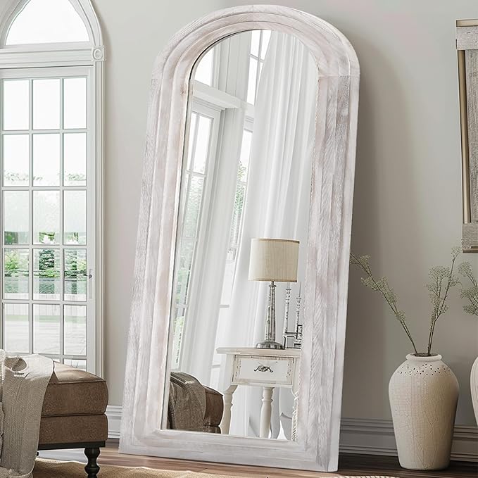ZHUNFA Arched Full Length Mirror with Solid Wood Frame | 71x32 Farmhouse Wall Mirror Full Length with Stand, Vertical Hanging, Leaning Standing for Bedroom, Living Room, Rustic White