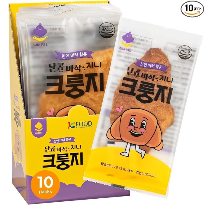 Korean Food Flat Croissant Snack Original, Crispy Butter Bites, 10 Pack | Crispy buttery croissant bites, original Korean flavor, 10-pack individually wrapped snack, light 102-calorie treat