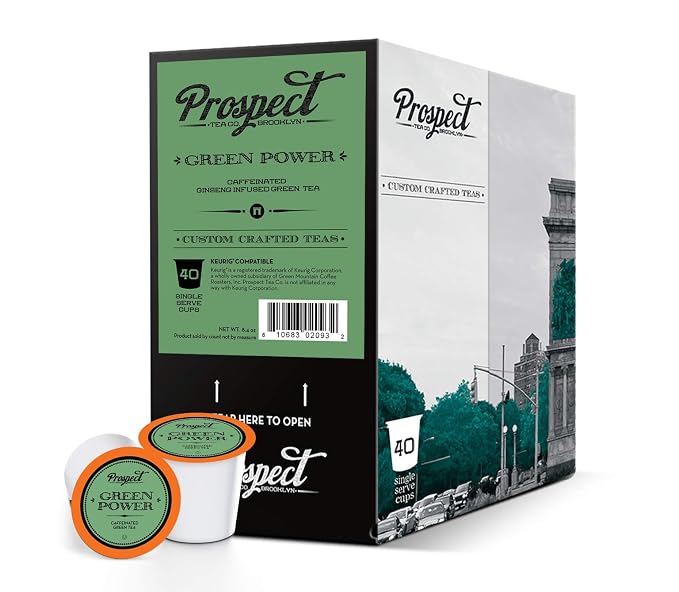 Prospect Tea Co. Green Power Caffeinated Tea Pods Compatible with K Cup Brewers Including 2.0, 40 Count