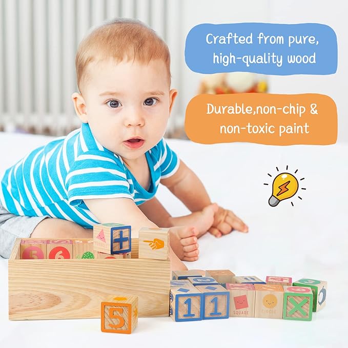 Joqutoys ABC Wooden Building Blocks for Toddlers 3 Large, 40 PCS Alphabet & Number Stacking Blocks with Storage Tray, Montessori Educational Learning Toys for Boys Girls Kids Gifts 1.65"