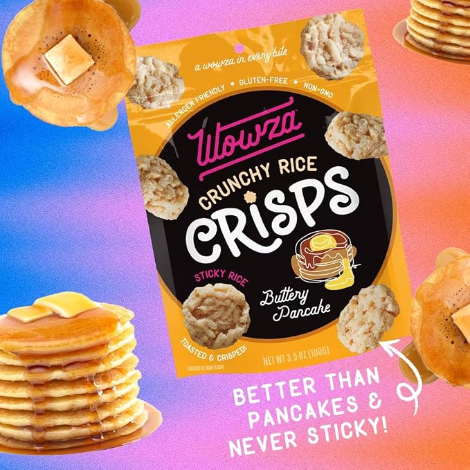 Wowza Buttery Pancake Crunchy Rice Crisps | Gluten Free, Non-GMO, 8 Pack | Sweet dessert flavor, Healthy chip alternative, Kid-friendly, 3.5 oz bags, No artificial flavors Satisfying