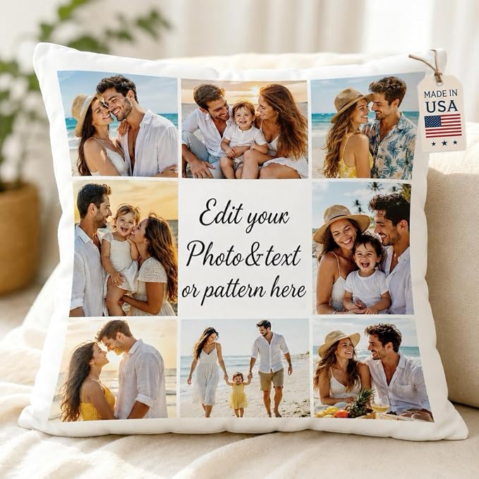 Bemaystar Custom Pillow with Picture & Text, Ships Next Day, Made in USA - Personalized Pillow Picture- Personalized Gifts for Mothers Day, Decorative Throw Pillow (No Insert)-8 Photos