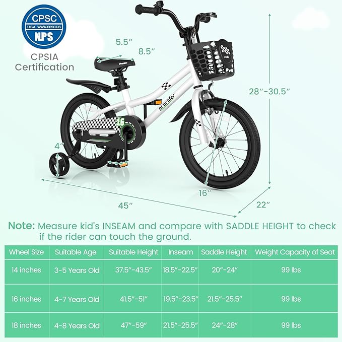 BABY JOY Kids Bike, 12 14 16 18 20 Inch Children Bikes for Boys Girls Teens 3-8 8+ Years w/Training Wheels or Kickstand, Handbrake, Coaster Brake & Removable Basket, Kids Bicycle of Multiple Colors
