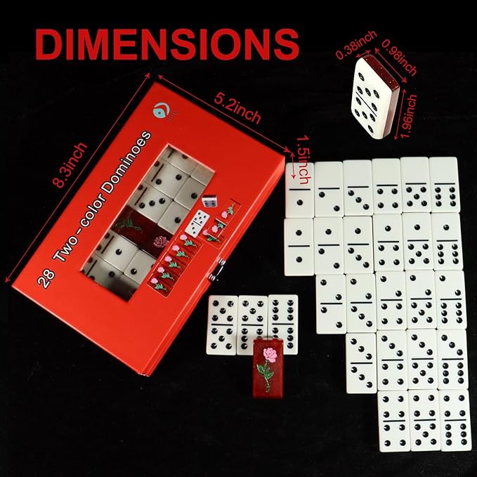 IDTQ Double Six Domino Set - 28 Piece Two-Color Dominoes, Floral Rose Back and Locking Red Gift Box, Classic Table Game for 2-4 Players, Adults & Family Game Night