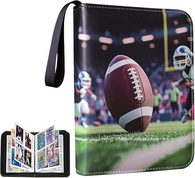 Football Theme Trading Card Binder, 4 Pocket Card Album Holds 400 Cards with 50 Removable Sleeves, Zipper Card Storage Organizer for Sports Cards, Game Cards & Football Cards
