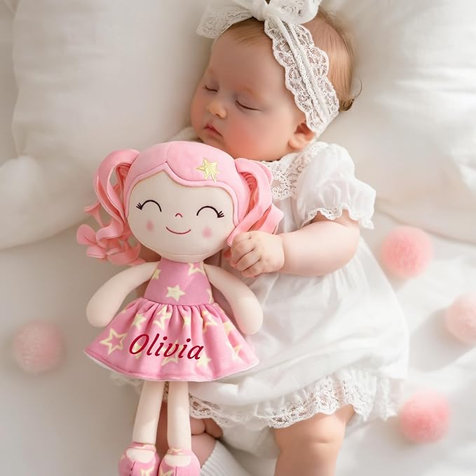 Gloveleya Personalized Baby Doll – Custom Name Rag Doll Gift for Girls | Pink Star Plush Keepsake for Birthday, Baby Shower & Christmas | Soft Huggable Comfort Toy 12 Inch