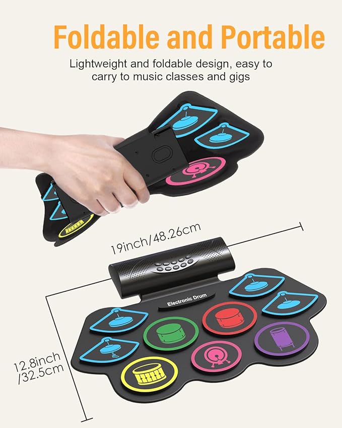 9 Pad Electronic Drum Set, Roll Up Portable Drum Pad Kit with MIDI Bluetooth, Built-in Speaker, Supports Headphone/Bluetooth, Great Christmas & Birthday Gift Gift for Kids and Beginners