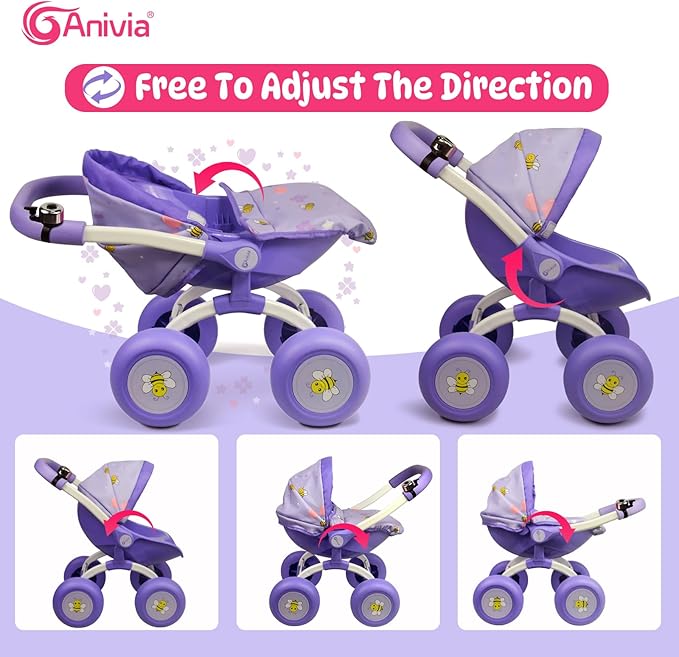 Doll Stroller Toy Anivia Realistic Doll Stroller Heart Design Gifts for Toddlers and Girls Foldable Baby Doll Stroller Toy (DT301purple)