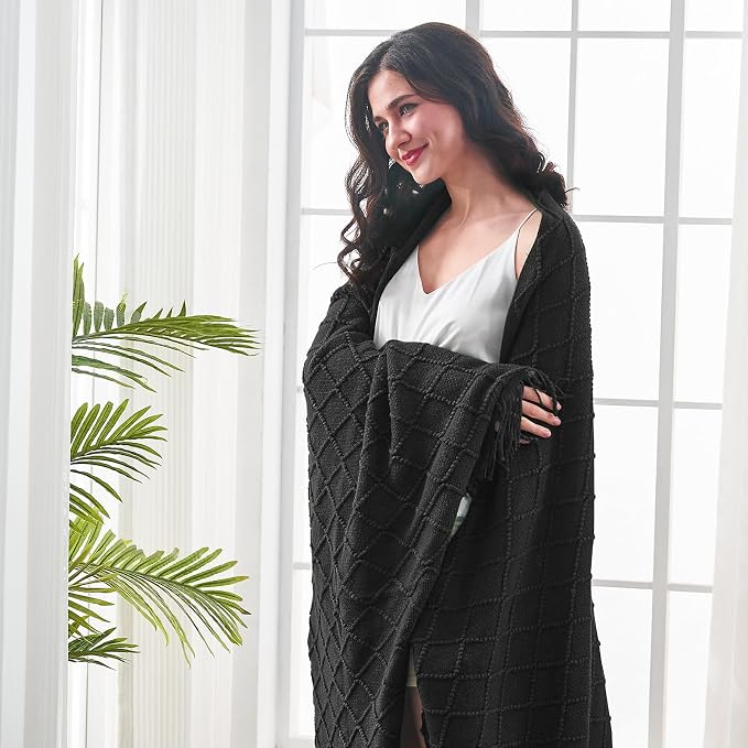 inhand Black Knitted Throw Blanket for Couch and Bed, 60"x80" | Soft Cozy Knit Blanket with Tassel, Lightweight Decorative Blankets and Throws, Farmhouse Warm Woven for Men and Women