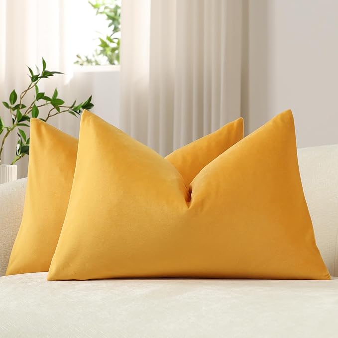 Lumbar Pillow Covers 12x20 Gold Yellow: Pack of 2 Cozy Soft Velvet Rectangular Modern Luxury Decorative Throw Pillow Cases for Sofa Couch Living Room Bed Home Decor