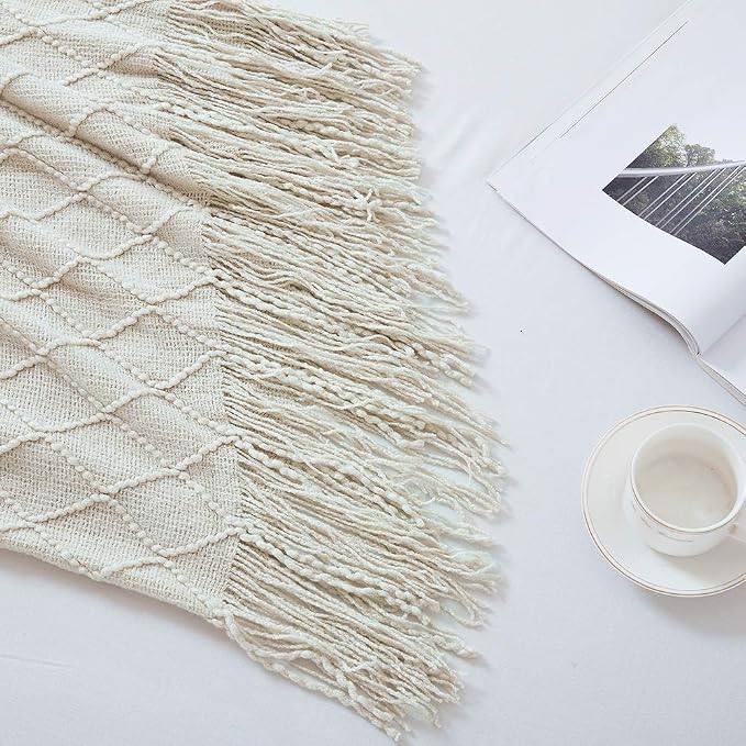 BOURINA Beige Throw Blanket 60x80 Inch Boho Knitted Soft Throw Sofa Blanket | Knitted Throw Blanket 60x80 Inches, Soft Lightweight Boho Weave Throw Decorative Couch Blanket for Living Room Bedroom Chair