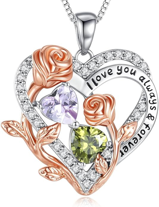 I Love You Birthstone Necklace, 925 Sterling Silver Heart Pendant with CZ Diamond Stones, Birthday Gifts for Women, Romantic Gift for Wife, Girlfriend, Her, Anniversary, Valentine's Day, Christmas