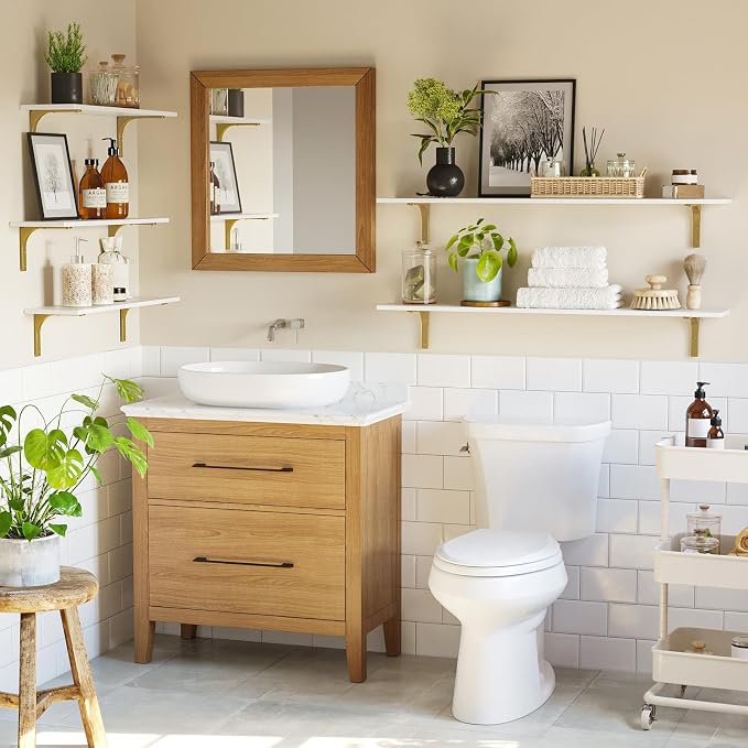 DINZI LVJ Long Wall Shelves, 47.3" Wall Mounted Shelves Set of 4, Large Floating Shelves with Metal Brackets, for Living Room, Bathroom, Bedroom, Kitchen, White and Gold