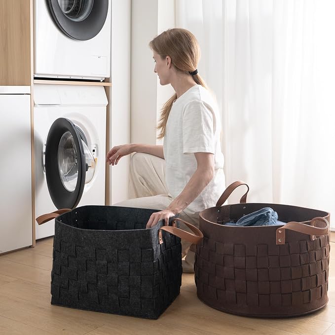 Laundry Basket 20 " x20 x11.8 , Large Round Blanket Basket with Leather Handle, Felt Storage Basket for Living Room, Nursery, Dog Toys-Dark Gray