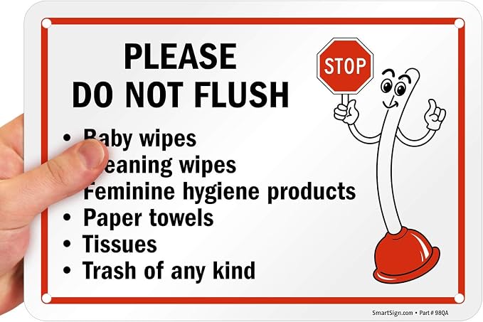 SmartSign 7" x 10" 'Please Do Not Flush Wipes/Feminine Hygiene Products/Paper Towels/Tissues/Trash' Bathroom Sign with Funny STOP Symbol, 55 mil HDPE Plastic, Red/Black/White, USA-Made