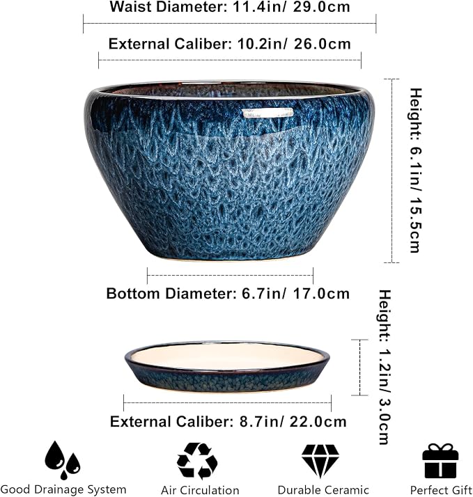 Ceramicfor Ceramic Planter 11 Inch - Ceramic Pots for Plants Indoor Outdoor, Large Plant Pot with Drainage Hole and Saucer, Decorative Round Planter, Plant Lover Gifts, Garden Decor, Blue