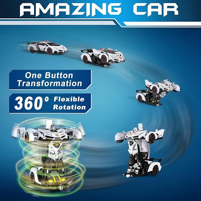 Remote Control Car - Transforming Toy Car Robot, One-Button Deformation with Flashing Lights 2.4GHz 1:18 Scale Transforming Police Car with 360-Degree Rotation Toys for Boys and Girls