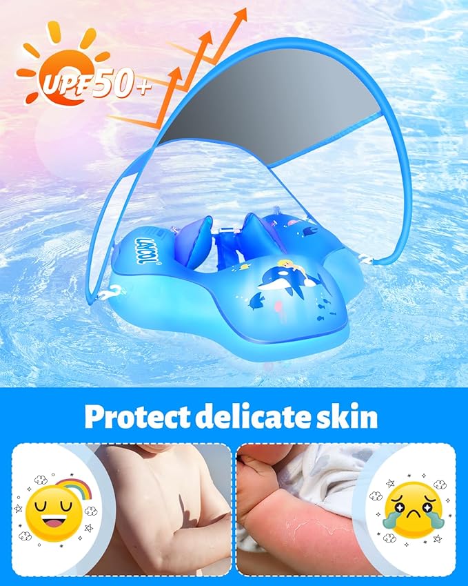 LAYCOL Baby Swimming Float Inflatable Baby Pool Float Ring with Sun Protection Canopy,add Tail no flip Over for Age of 3-36 Months