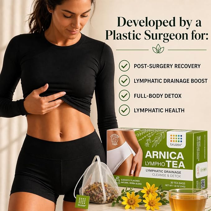 Bruizex Arnica Tea for Bruising and Swelling, Post Surgery Recovery after Liposuction, Tummy Tuck, 360 Lipo, BBL I Blend For Lymphatic Drainage Massage & Fibrosis with Ginger I 30 arnica tea bags